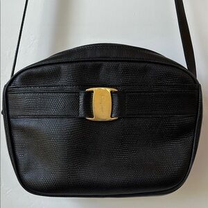 Salvatore Ferragamo Lizard Embossed Black Leather Crossbody Bag with Gold Accent